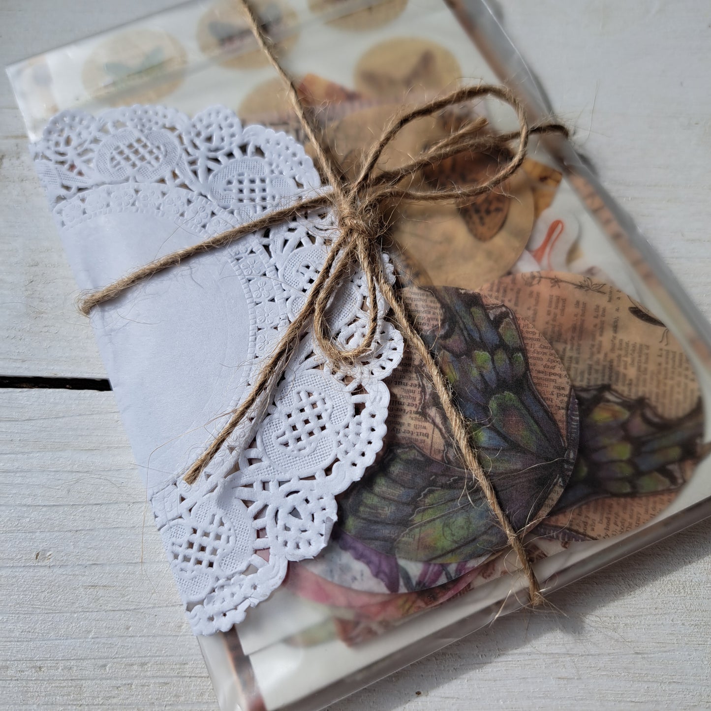 bag with paper and stickers