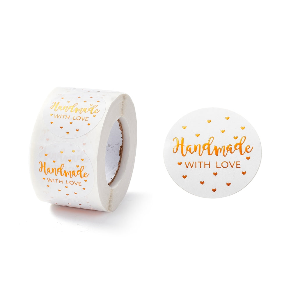 10 stickers rond 40mm wit met gouden hartjes en tekst "Handmade with love" sluitsticker - bababa