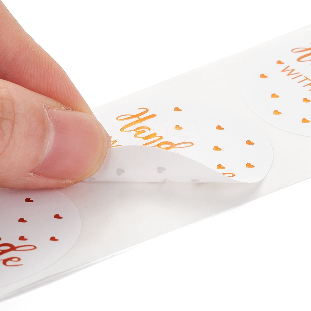 10 stickers rond 40mm wit met gouden hartjes en tekst "Handmade with love" sluitsticker - bababa