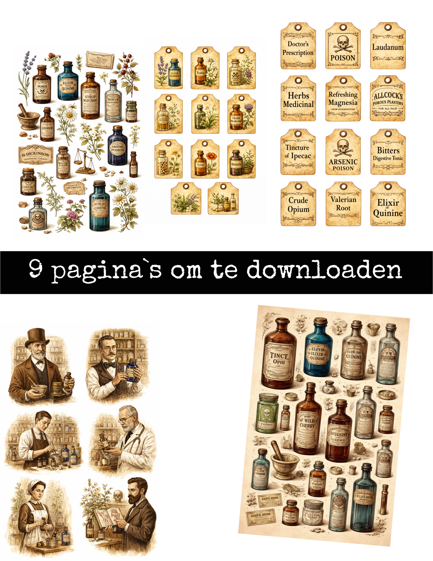 Vintage Apotheek Digitaal Papier - 9 A4 Pagina's
