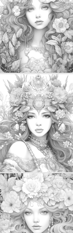 Vintage Flower Princessen – Grayscale Kleurplaten voor Volwassenen