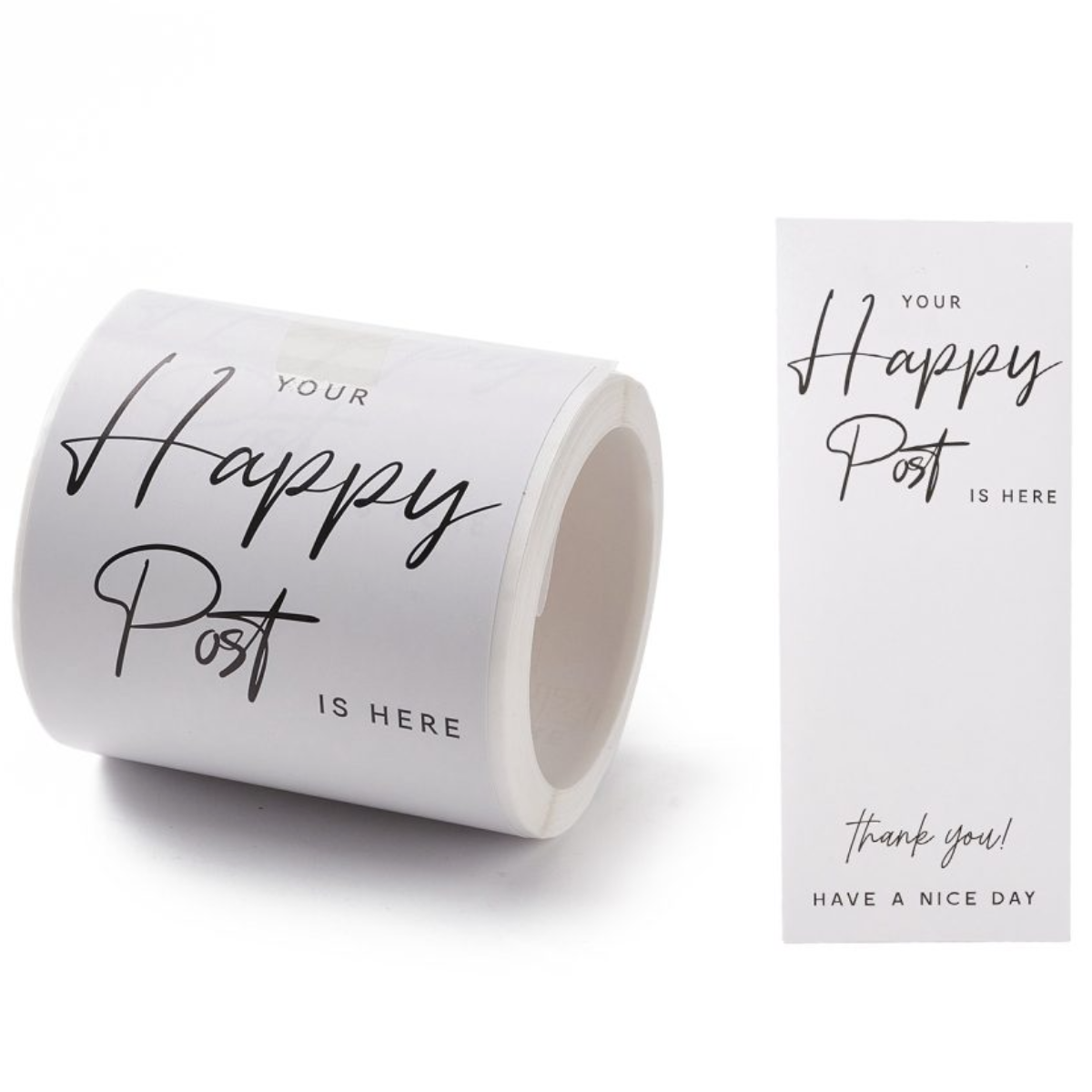 verpakking sticker met de tekst "Your happy post is here, Thank You, Have a nice day" - bababa