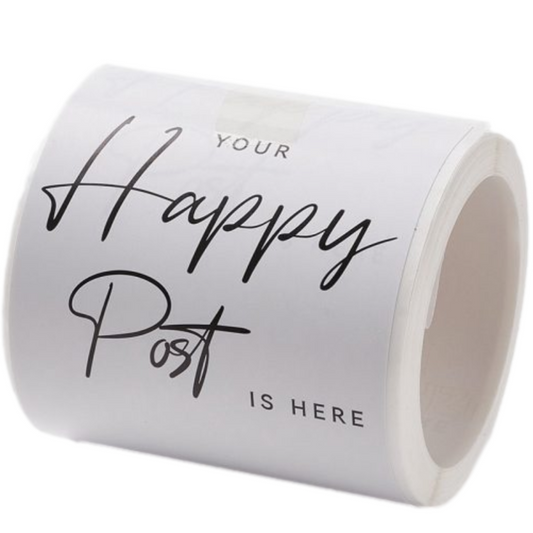 verpakking sticker met de tekst "Your happy post is here, Thank You, Have a nice day" - bababa