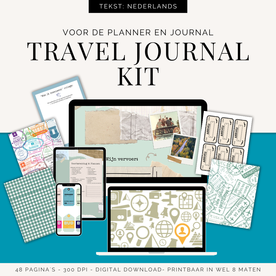 Travel Journal Kit – 48 Pagina’s Vol Avontuur | Printbaar in 8 Formaten | Digitale Download