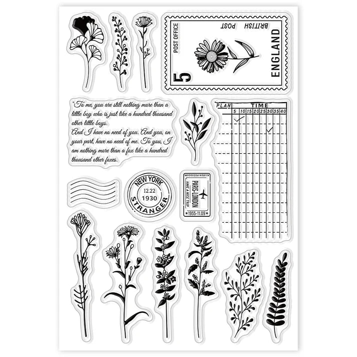 Set met clearstamps Bloemen - Vlinders - Getallen - Diaraam