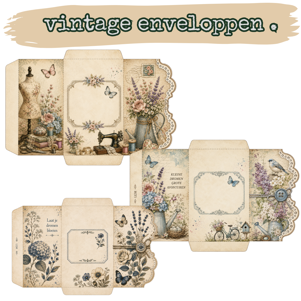 Vintage Enveloppen Botanisch Printable – Set van 4 | Digitale Download