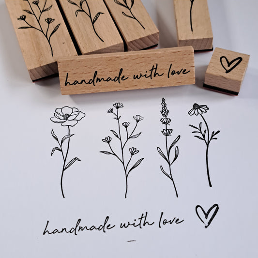 houten stempel set  6 houten stempels bloemen tekst en hartje