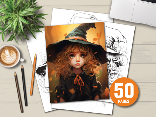 Cute Witches – Grayscale Kleurplaten - 50 pagina's