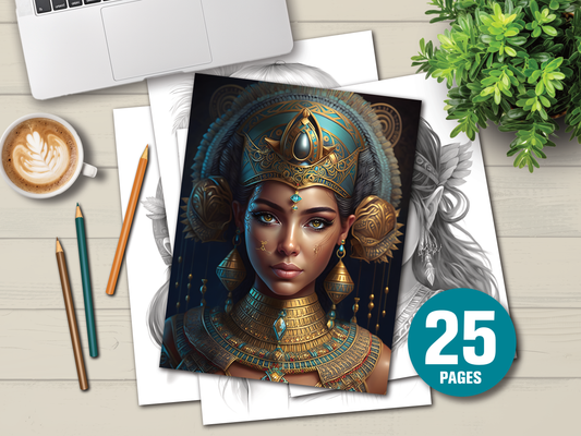 Egyptische Koninginnen – Grayscale Kleurplaten (25 Printbare Pagina’s, Instant Download)