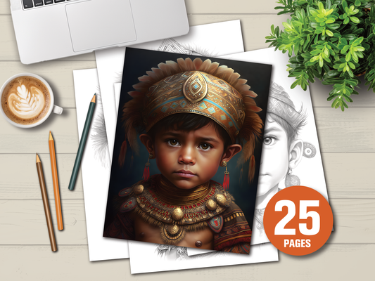Inca Jongens – Grayscale Kleurplaten 25 pagina`s