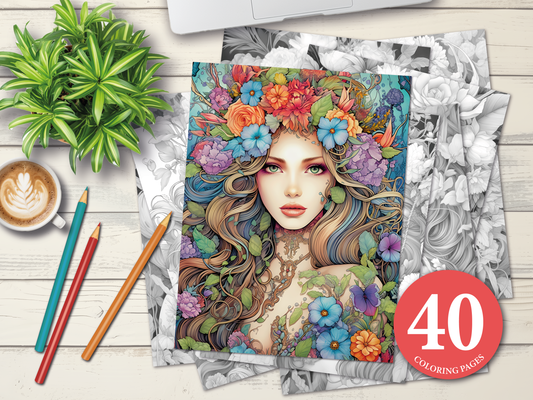 Vintage Flower Princessen – Grayscale Kleurplaten voor Volwassenen