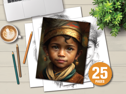 Maya Jongens – Set van 25 Grayscale Kleurplaten (Instant Download, Printbare PDF)
