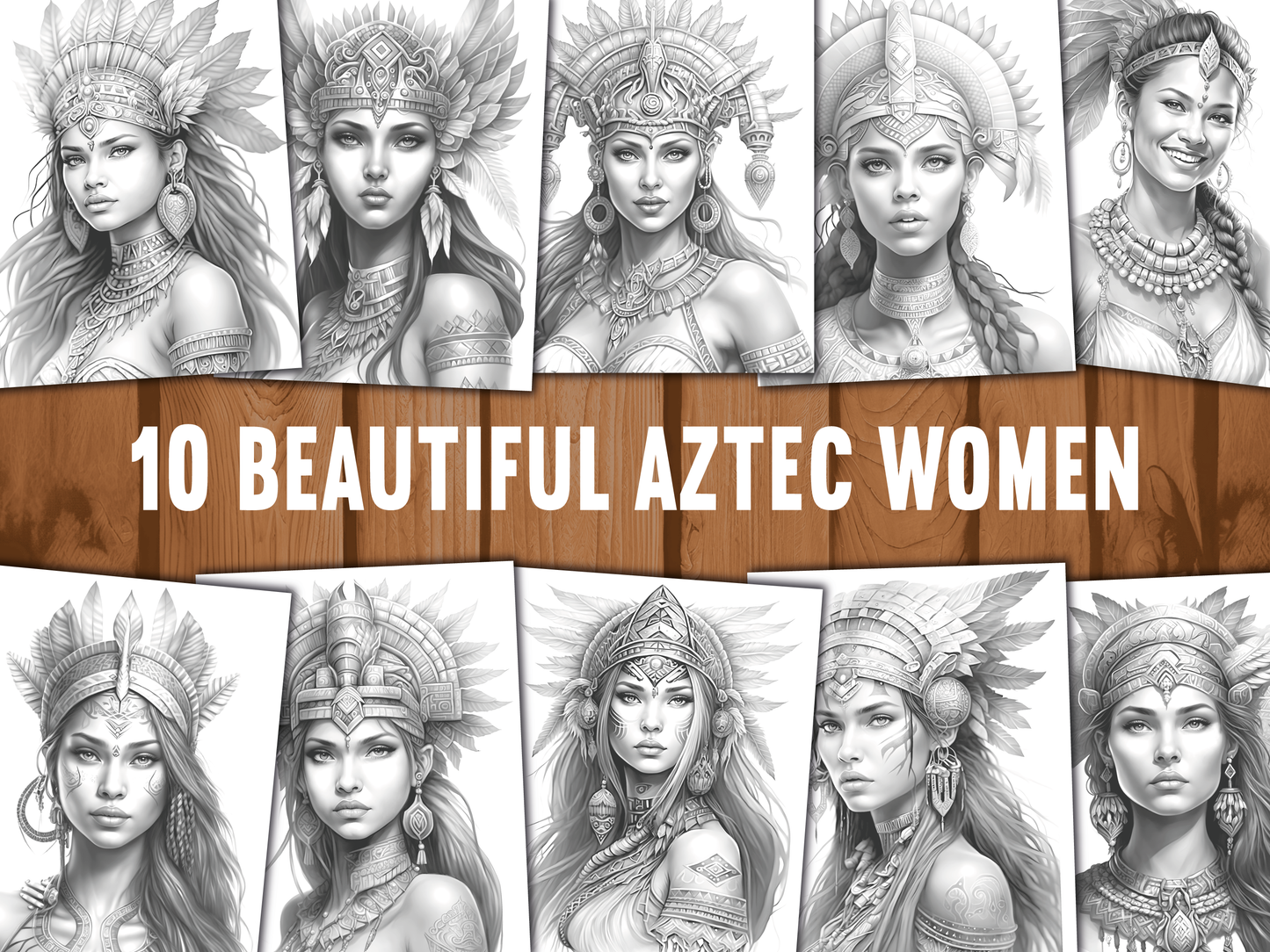 Aztec Vrouwen – Grayscale Kleurboek (10 Printbare Pagina’s, Instant Download)