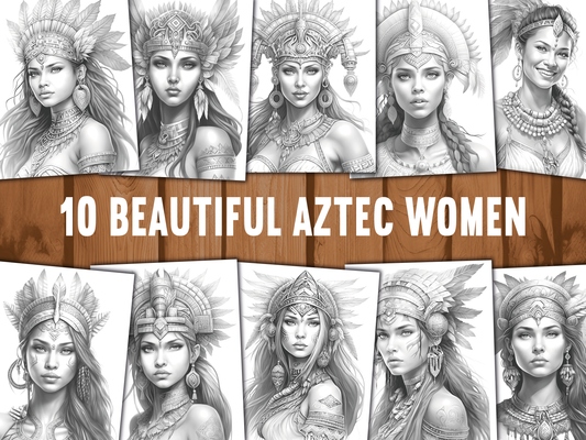 Aztec Vrouwen – Grayscale Kleurboek (10 Printbare Pagina’s, Instant Download)