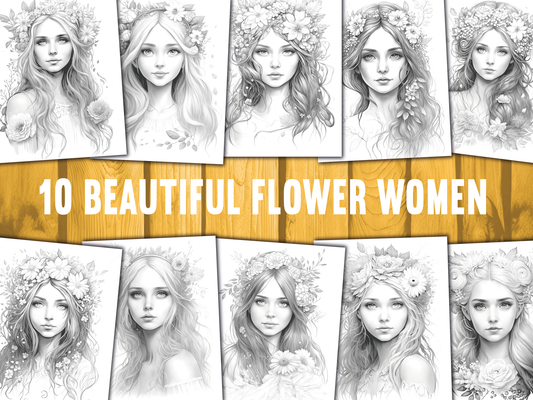 Flower Women – Grayscale Kleurplaten- 10 Printbare Pagina’s
