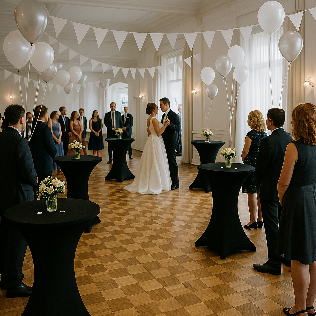 3 stuks zwarte statafelrokken met Topcovers – H110cm X Ø80-85 cm