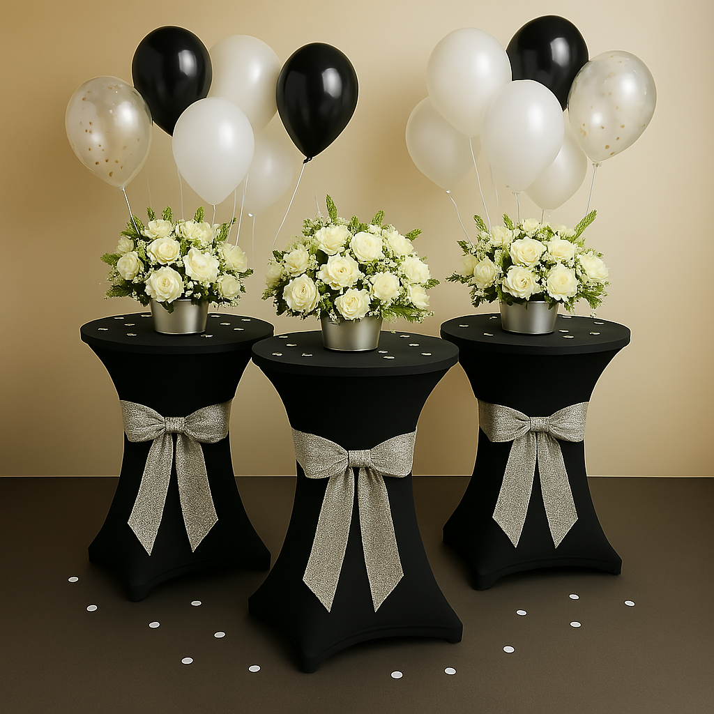 3 stuks zwarte statafelrokken met Topcovers – H110cm X Ø80-85 cm