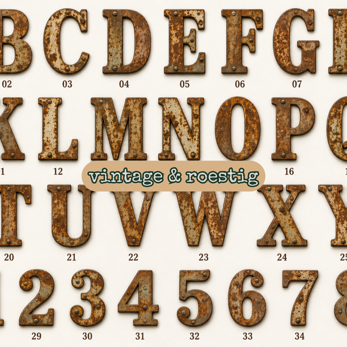 Rusty Metal Alphabet Clipart Set – Vintage Grunge Letters & Numbers PNG