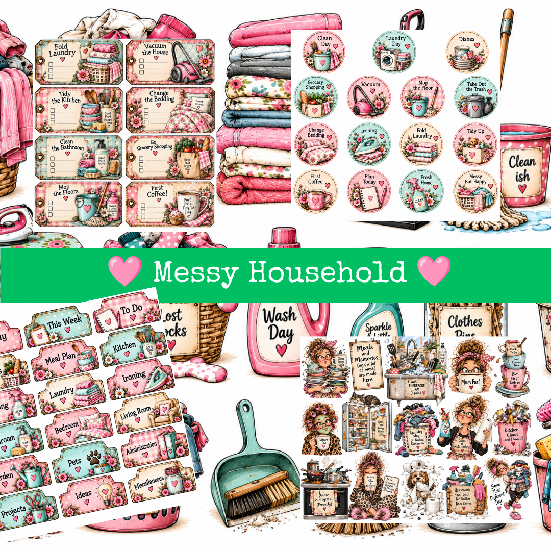 Messy Household clipart in roze en mintgroen met huishoudelijke illustraties, wasmanden, koffiemokken en Engelstalige plannerlabels.
