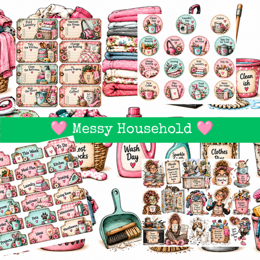 Messy Household clipart in roze en mintgroen met huishoudelijke illustraties, wasmanden, koffiemokken en Engelstalige plannerlabels.