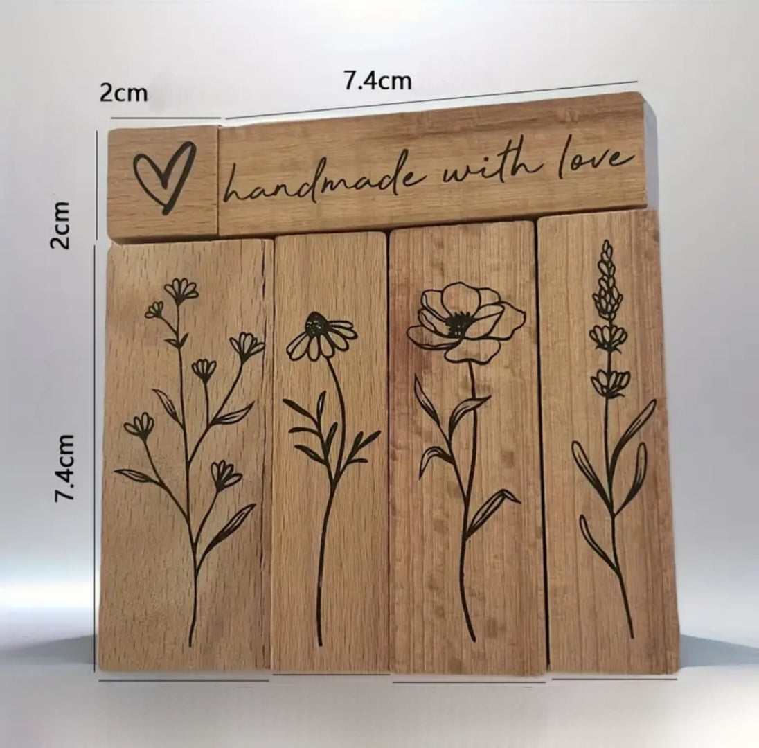 houten stempel set  6 houten stempels bloemen tekst en hartje