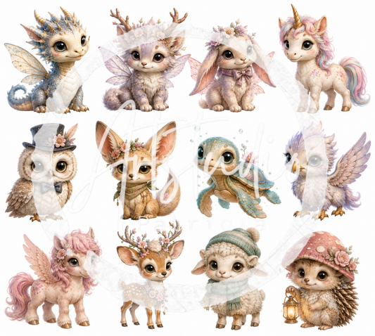 Whimsical Fantasy Animals Clipart Set – 12 PNG Digital Download | Pastel Cottagecore Scrapbooking