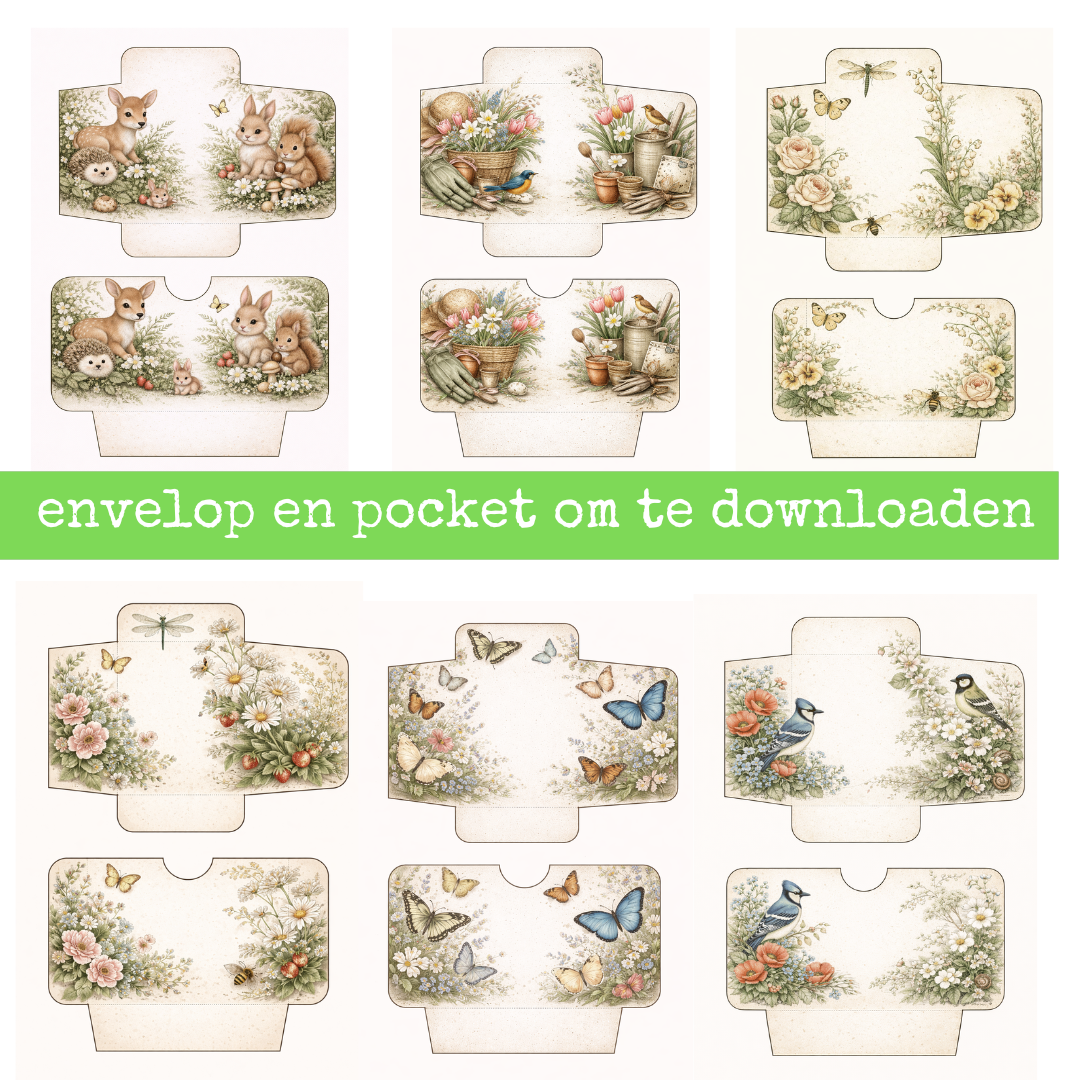 Vintage Enveloppen & Pockets – 6 Printbare Designs met Vogels, Vlinders & Bloemen
