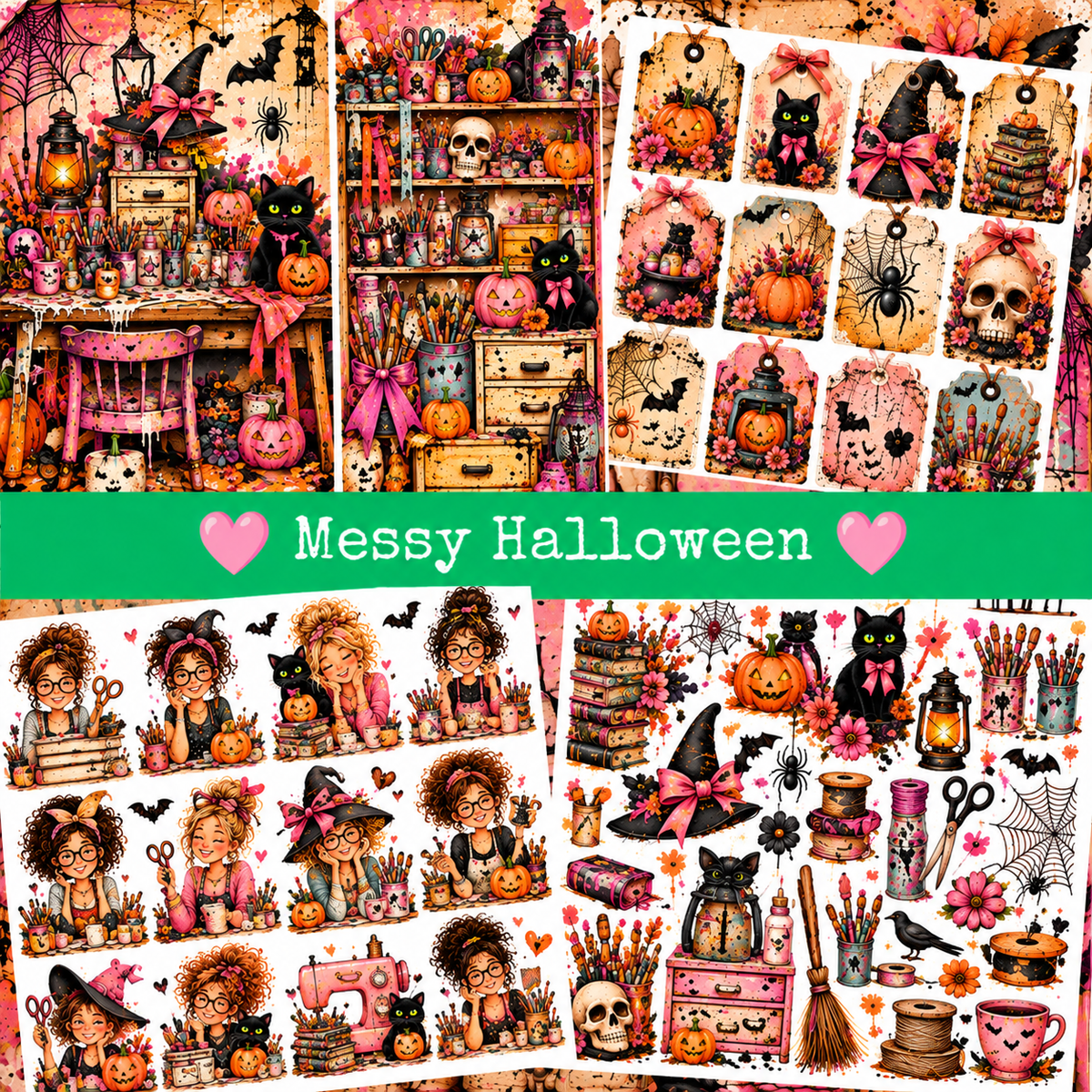 Messy Halloween clipart in roze, oranje en zwart met pompoenen, zwarte katten, heksenhoeden, creatieve personages en decoratieve labels.