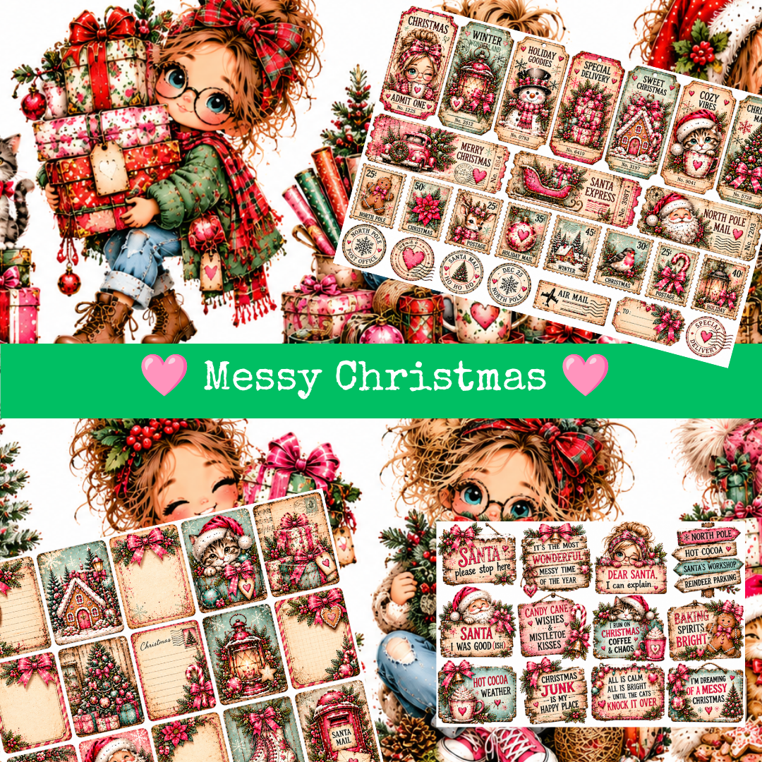 Messy Christmas Mega Bundel met kerstmeisjes, cadeautjes, vintage kerstlabels, postzegelmotieven en kerstkaarten in rood, groen en roze.
