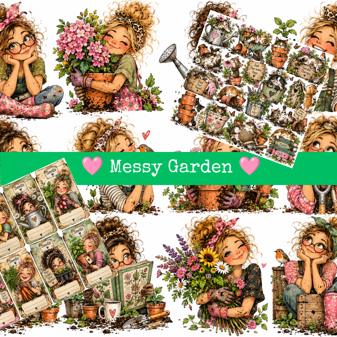 Messy Garden clipart met vrolijke tuiniersters, roze bloemen, bloempotten, gieters, katten en decoratieve labels in zaadzakjesstijl.