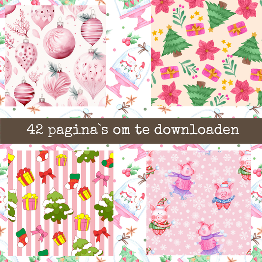 Roze Kerst Designpapier met Varkentjes – 42 Digitale Printables