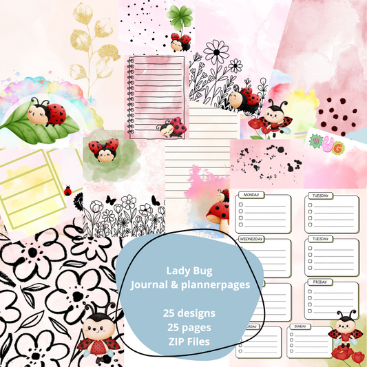 Lady Bug 25 pages for Junk Journal - Plannerpages - Artjournal- digitale download