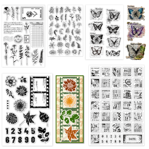 Set met clearstamps Bloemen - Vlinders - Getallen - Diaraam