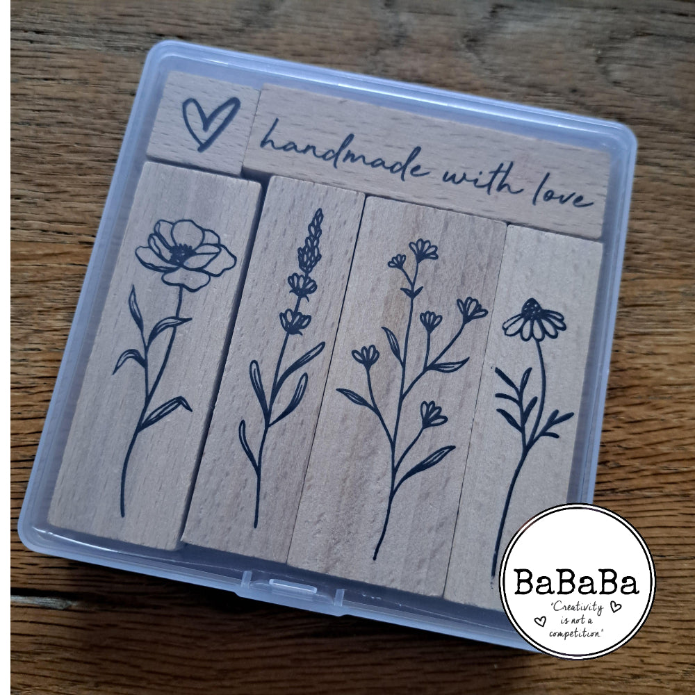 houten stempel set  6 houten stempels bloemen tekst en hartje