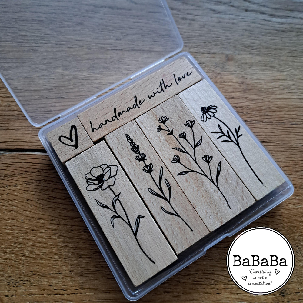 houten stempel set  6 houten stempels bloemen tekst en hartje